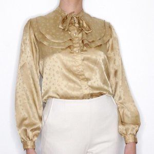 Vintage Chagall Ruffle Neck Tie Gold Button Down Blouse